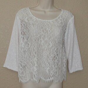 Sz 4 Loyd/Ford White Lace Top Contrast Sequin 3/4 Sleeve Blouse Top